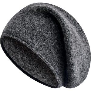 Unisex Dark Grey Wool Knit Warm Winter Pull-On Classic Baggy Slouchy Beanie Cap